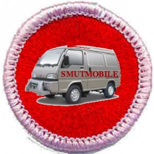 A merit badge with a van that says "driver of the smutmobile"