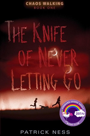 Cover of The Knife of Never Letting Go, with two figures running with a dog under a red sky with two moons