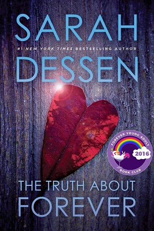 Cover of The Truth About Forever with a gray blue tree trunk background and a red leaf paper heart