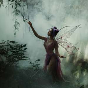 A fairy with wings touching a tree