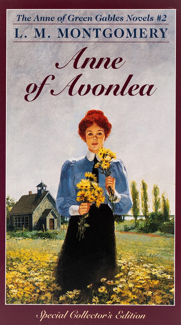 Illustration of white girl with red hair in a bun, standing in a field of yellow flowers with a barn in the background, holding yellow flowers in her hands