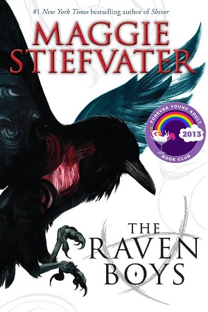 Cover of The Raven Boys with a large dark blue raven painting