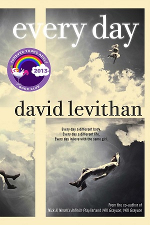 Cover of Every Day, with a girl floating in the sky near the top and a boy floating near the bottom, with clouds around them