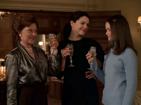 Emily, Lorelai, and Rory Gilmore all with drinks in their hands