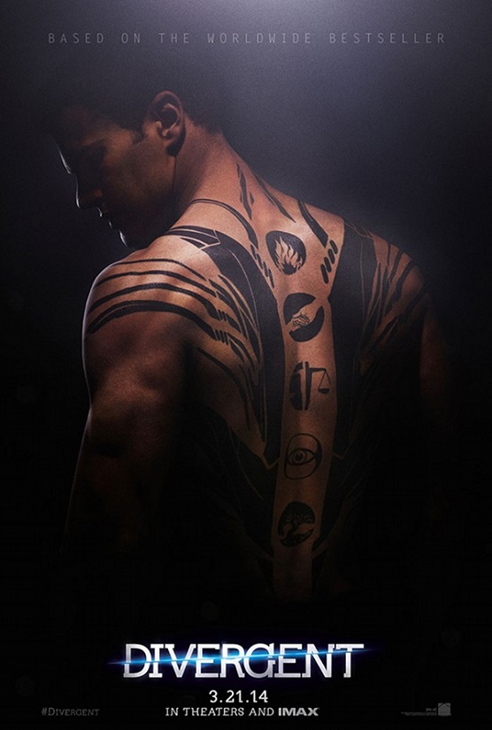 Poster of Four from Divergent, Theo James' back covered in tattoos