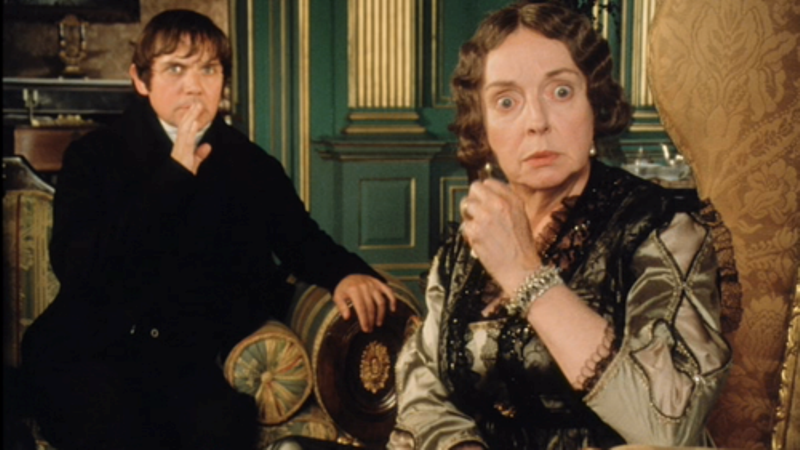 Screenshot from the BBC Pride and Prejudice, with Lady Catherine and Mr. Collins looking very alarmed