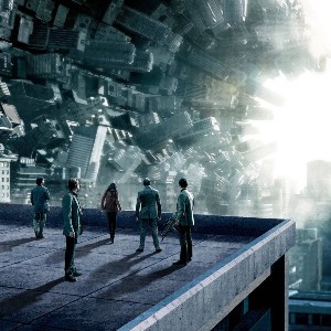 Scene from Inception with buildings twisting in a spiral as human figures watch from a roof