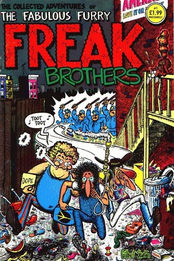 Cover of the Freak Brothers Comic: the brothers run from the cops while smoking marijuana from a hookah