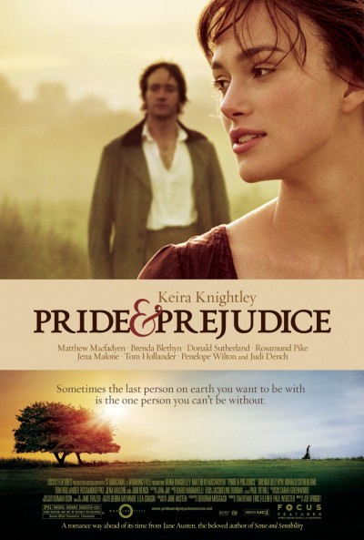Poster of the 2005 Pride & Prejudice film, with Lizzy Bennet and Mr. Darcy, walking up to her, over an image of English landscape