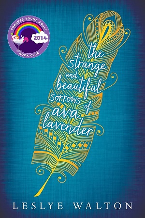 Cover of Ava Lavender, with a yellow illustration of a delicate feather against a blue background