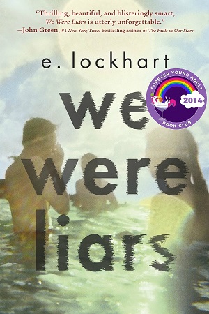 Cover of We Were Liars, with three figures in the ocean with the sun shining down