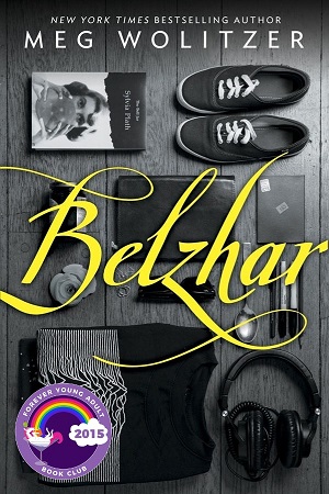 Black and white cover of Belzhar, with objects laid out including a pair of shoes, Sylvia Plath's The Bell Jar, and a pair of headphones