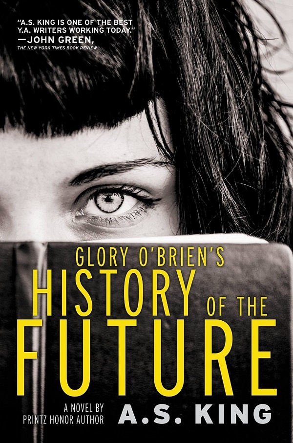 Cover of Glory Obrien's, a black and white picture of a girl with dark short bangs looking over the top of a book