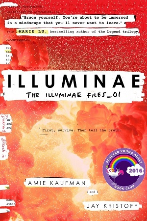 Cover of Illuminae, featuring the title and various other words and phrases "ripped out" of a red-orange cloud background