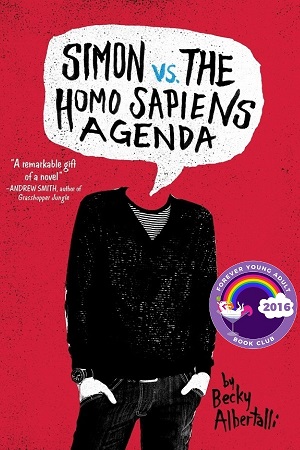 Cover of Simon vs. the Homo Sapiens Agenda: red background, illustration of black and white headless figure with hands in jean front pockets