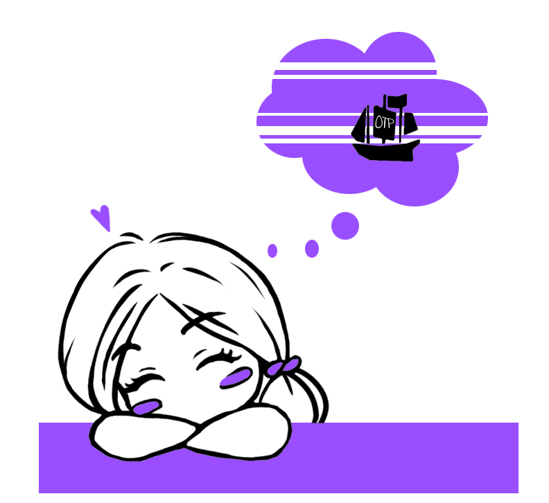 A drawn girl daydreaming about an actual ship in a thought bubble.
