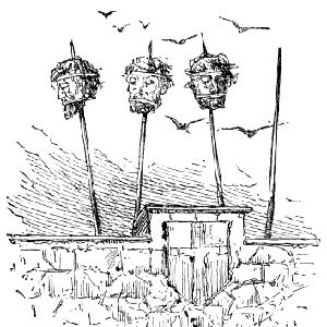 Drawing of three heads on spikes on a wall