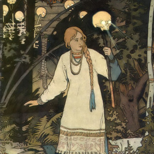Painting of a woman holding a skull on a stick