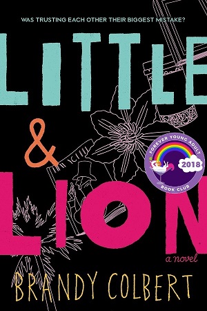 Cover LITTLE & LION: Black background with line drawings of a palm tree, magazine, flower, beverage cup, book, underneath large colourful title text