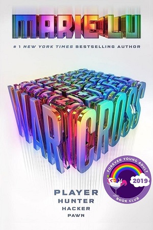 Cover of Warcross, white background with colourful block text for author and title