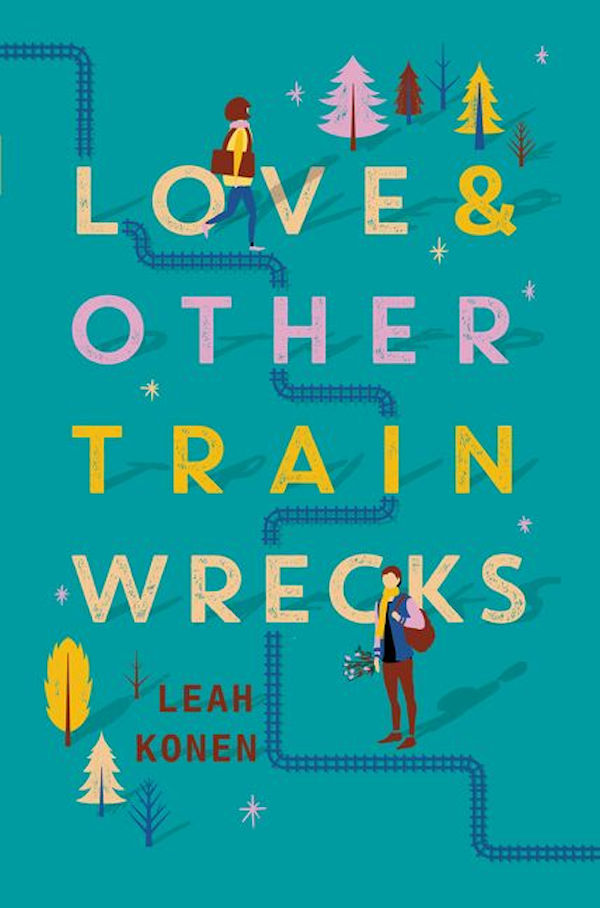 Cover Love and Other Train Wrecks: Green background with train tracks crisscrossing and cartoon trees