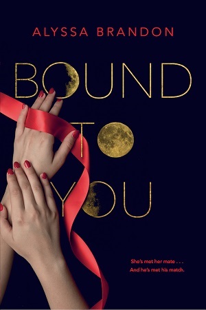 Cover Bound to You: A pair of hands holding a red ribbon, with a small moon in a black background