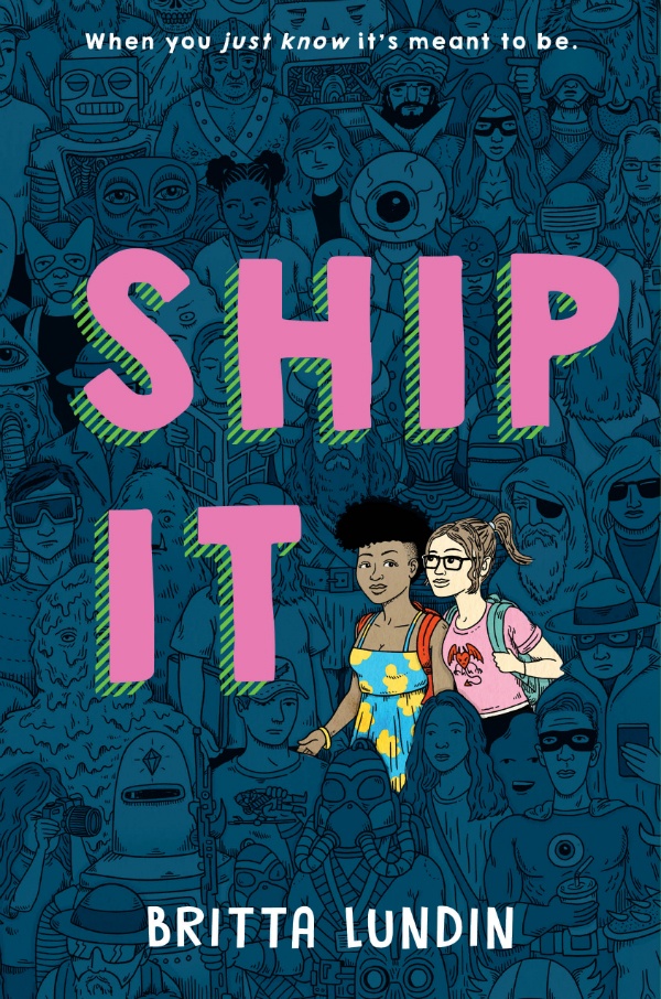 Illustrated cover of Ship It, with a Black girl and a white girl walking together through a comic-con type crowd 