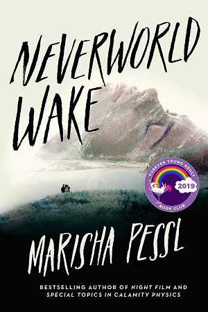 Cover of Neverworld Wake, with a girl's face rising out of the water in the distance like a mountain