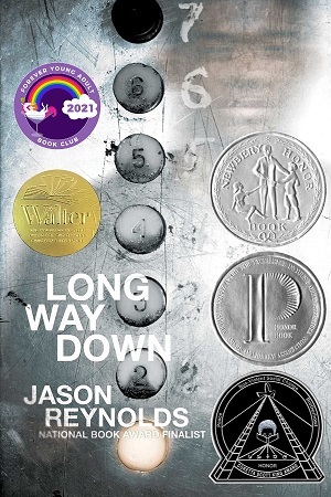 Cover of Long Way Down with a picture of elevator buttons and a Black teen boy's reflection