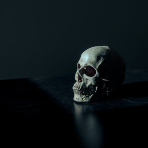 A human skull sits on a shiny table in a dark room