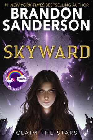 Cover of Skyward, featuring a dark-haired young woman in front of a forest and a bunch of debris falling from space