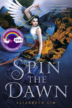 Cover of Spin the Dawn: blue background resembling waves, Maia holding scissors and a black and gold tapestry, with a hawk behind her