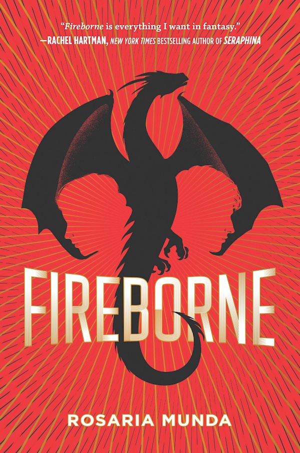 Cover Fireborne: Red background with a black dragon, wings open