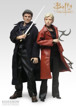 Angel and Buffy as action figures. Angel in a black leather coat and pants, Buffy in a red leather coat.