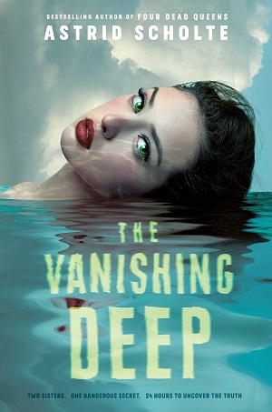 A close-up of a girl's face looking at the reader while floating in the water.