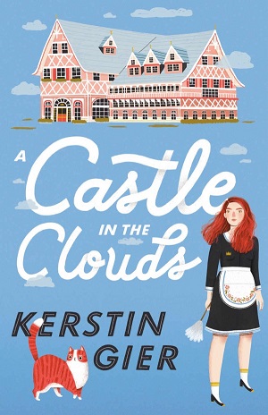 Cartoon girl and dog, with a castle and a cloud background