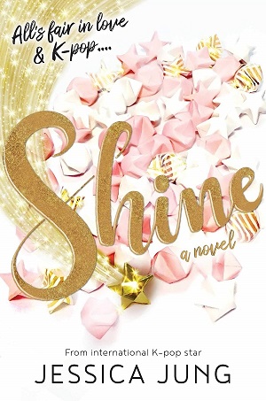 Cover of Shine: white background with pink, gold, and white origami stars, and gold glitter trailing out of a gold star