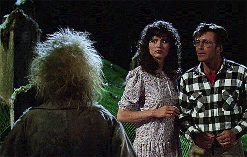Scene from Beetlejuice where he shows a frightening face to Adam and Barbara