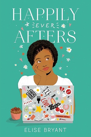 Cover of Happily Ever Afters. A teenage Black girl sits at a laptop, whimsically staring into space.