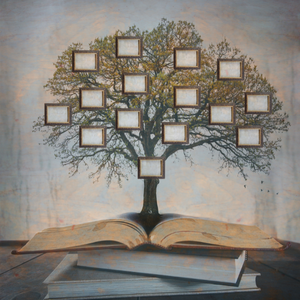 A book open with a family tree growing out of it