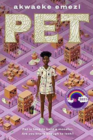 Cover of Pet: Black girl with hair tied up and in pajamas standing in a miniaturized version of city blocks