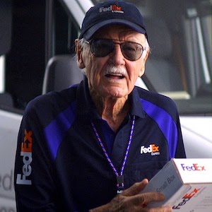 Stan Lee, dressed in a FedEx uniform, holds a package for "Tony Stank" in one of his many Marvel movie cameos