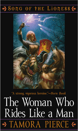Alternate Cover of The Woman Who Rides Like a Man by Tamora Pierce featuring Alanna on a horse holding a sword hit by lightening