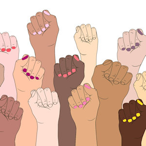 Raised fists in different skin tones wearing nail polish