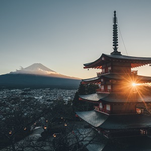 Fujisan shrine with Mount Fuji in the background, at sunset