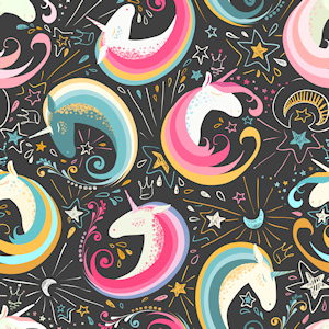 Black background with rainbow colored unicorns, moons, and stars in a varying pattern