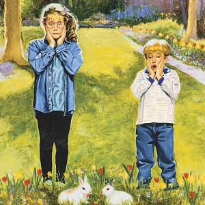 Karen and Andrew looking worried about two bunnies (cover of Baby-Sitters: Little Sisters #83)