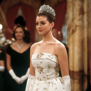 Princess Mia (The Princess Diaries) in a tiara, ballgown, and gloves