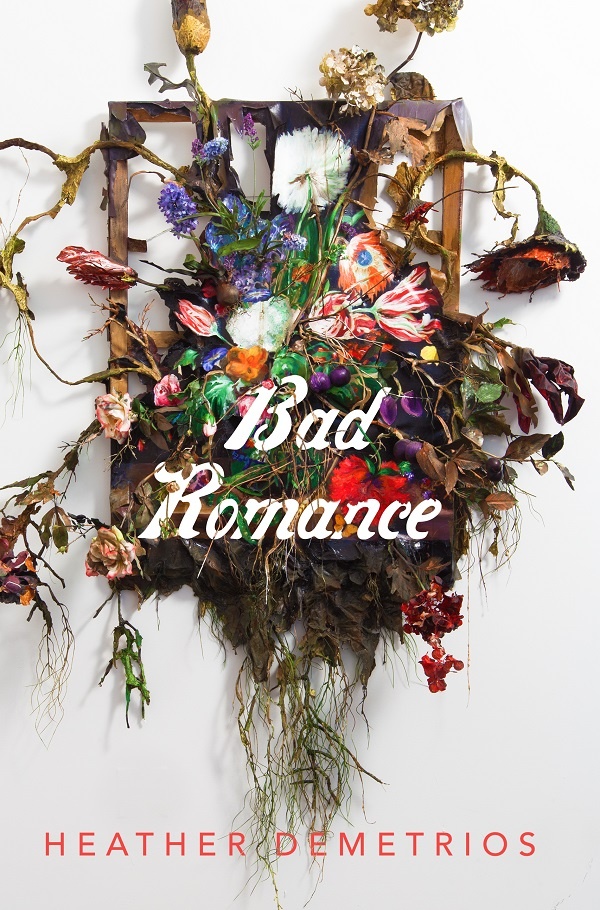 Cover of Bad Romance: dead and withering flowers hanging out of an empty picture frame hanging on a white background