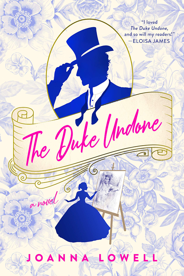 Cover of The Duke Undone: A floral background with little cartoon outlines of a woman painting and a man tipping his hat.